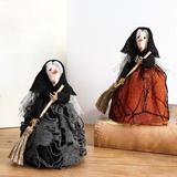 0709BA Mysterious Broom Witch Doll Desk Prop Artwork Decorative Collectible Halloween Decor for Hotel Farmhouse Party Apartment Office