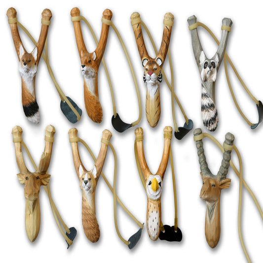 Hand-Carved Wooden Animal Slingshots - Assorted