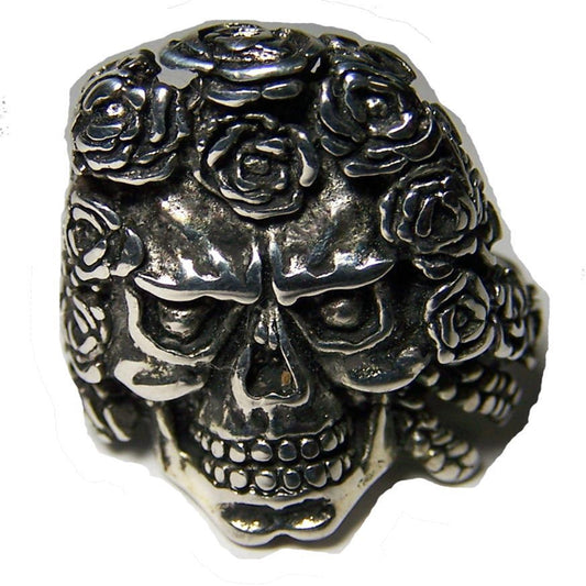 High-Quality Skull Head with Rose Hair Biker Ring - Assorted Sizes - Sterling Silver Plated