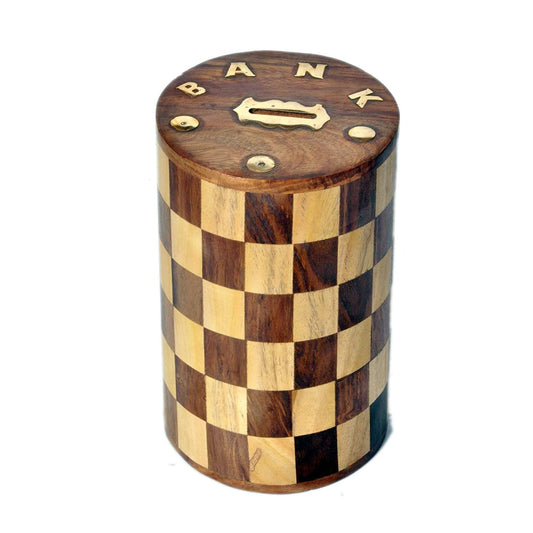 Wooden Handmade Chess Board Pattern Wooden Money Bank- 7 Inch