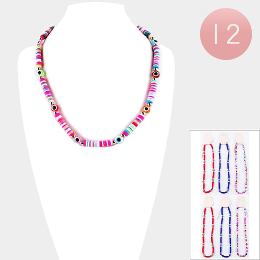 Evil Eye Station Heishi Beaded Assorted Necklaces (Sold by DZ=$23.88)