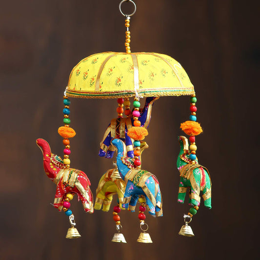 Multicolor Handcrafted Decorative Five Elephant Wall & Home Décor Hanging & Ringing Bell For Home Décor