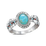 Wholesale Women's Oval Turquoise & Silver Feather Metal Ring - Assorted Sizes