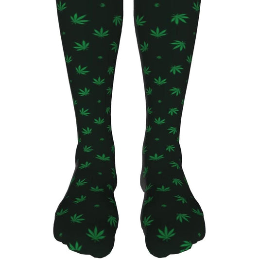 New Green & Black Pot Leaf Long Unisex Socks - Stylish Cannabis-Inspired Footwear (Sold By Piece)