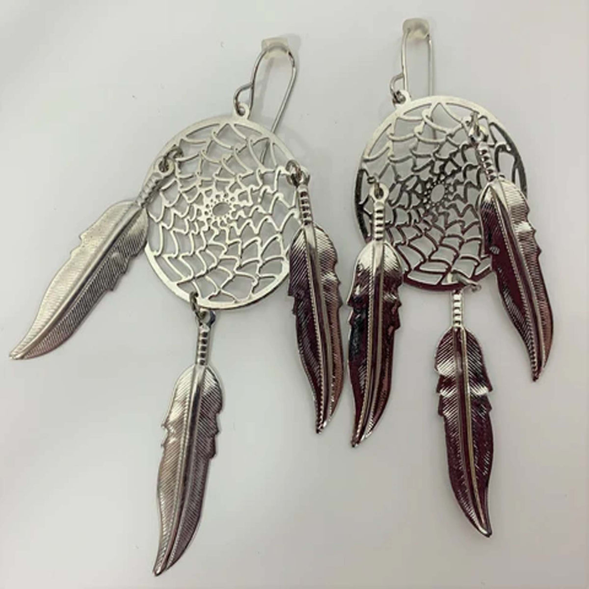 Wholesale 3-Inch Metal Dream Catcher Silver Dangle Earrings with Feathers(SOLD BY THE PAIR)