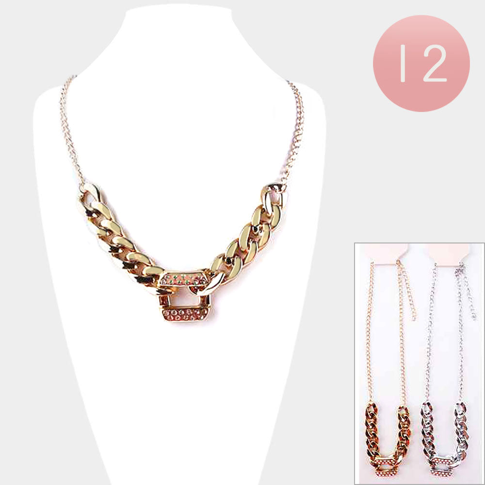 Rhinestone Embellished Link Metal Chain Necklaces (Sold by DZ=$23.88)