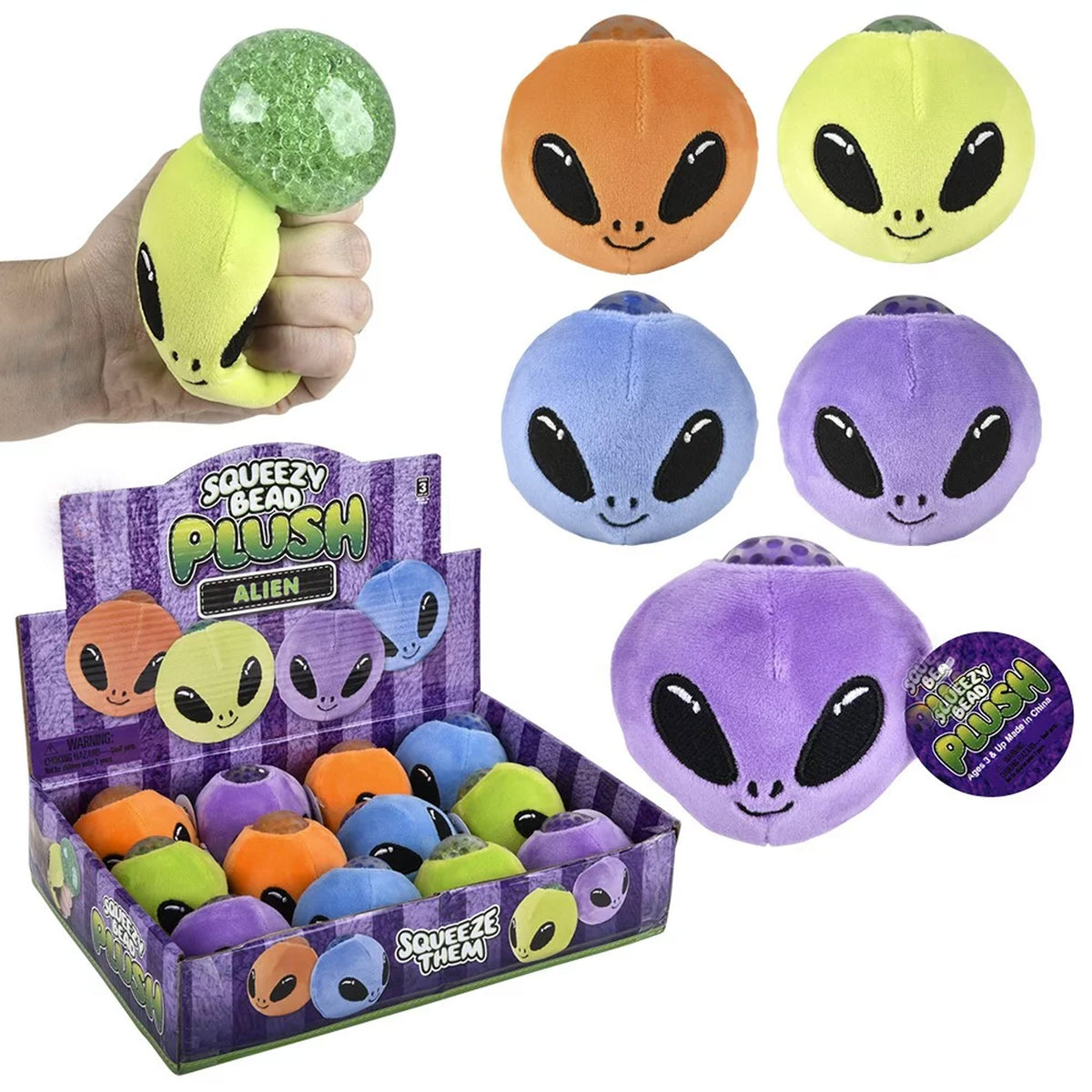 3" Alien Squeezy Bead Plush Ball | Assorted | (Dozen = $37.99)