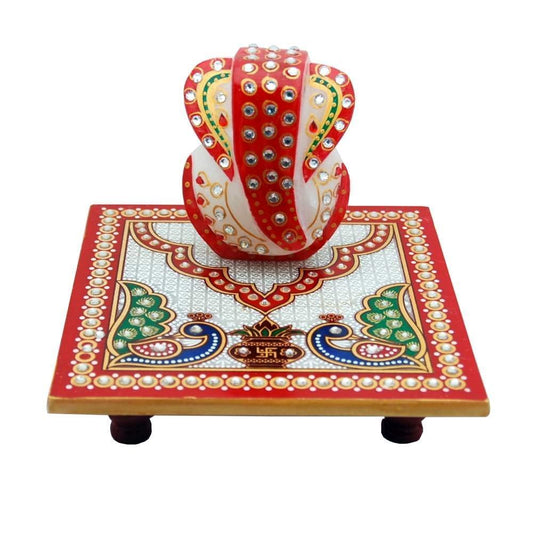 Combo of White Marble Ganesh Ji With  Choki and yellow & white Janeu Thread