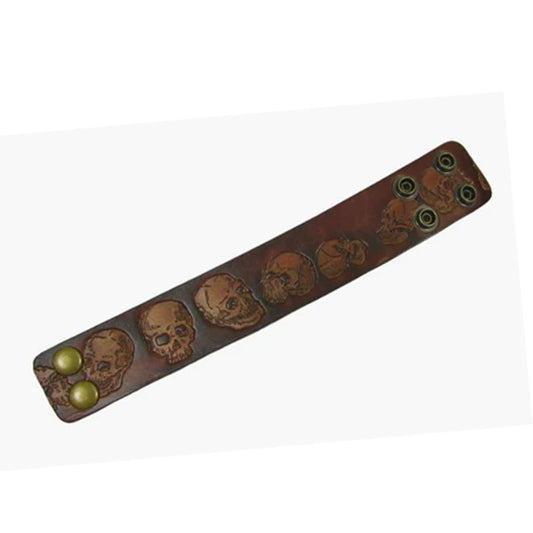 Wholesale Thick Engraved Skull Brown Leather Cuff Bracelet - Rustic & Edgy Style (Sold By Piece)