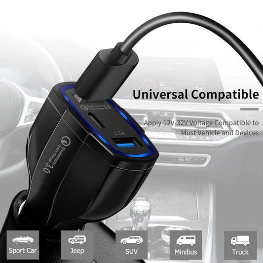 3-Port USB Fast Car Charger Adapter Type C Port for Android