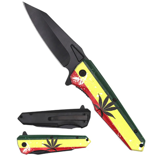 Wholesale Rasta Marijuana Leaf Stainless Folding Pocket Knife (Sold By Piece)