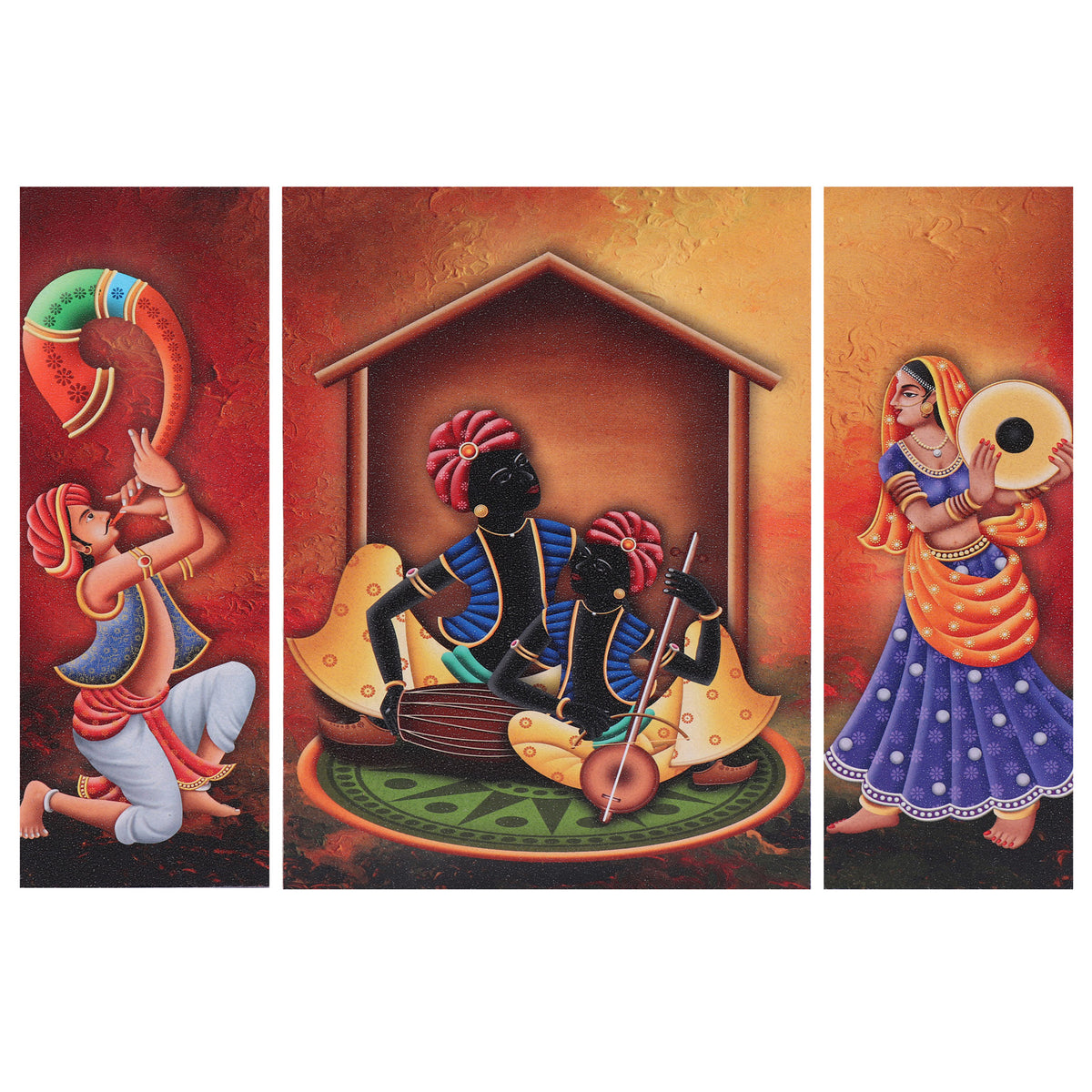 Digital Painting for Living Room Set of 3pcs, Rajasthani Village Scene