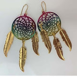 Wholesale 3-Inch Metal Dream Catcher Rainbow Dangle Earrings with Gold Feathers (SOLD BY THE PAIR)