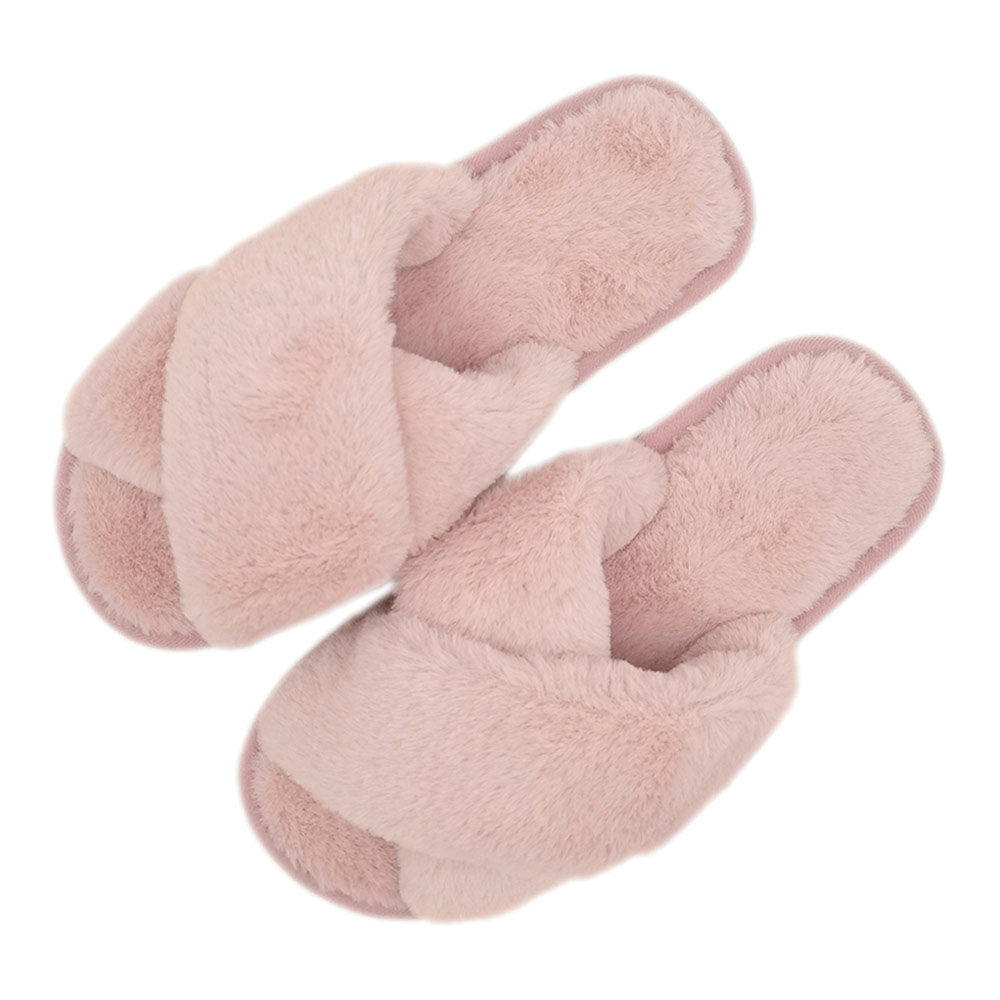 Solid Crisscross Faux Fur Soft Indoor Floor Slippers ,Pink (Pack of 6=$40.02)