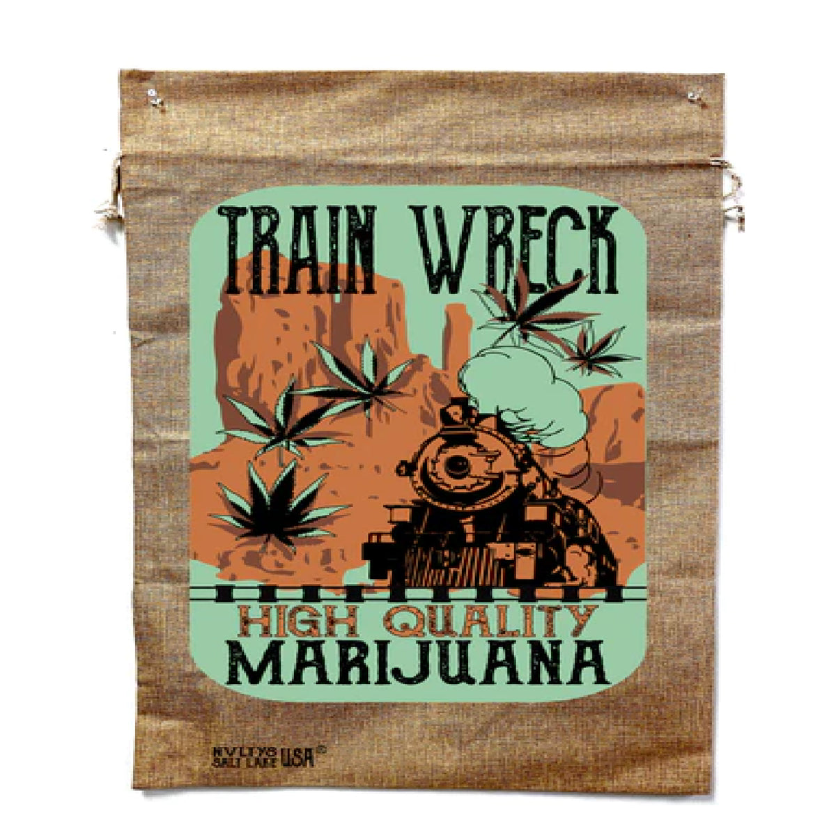 Wholesale New Stylish Train Wreck Printed Burlap Material Storage Bag (MOQ-6)