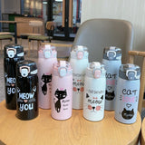 500ml Cartoon Cat Stainless Steel Thermal Flask With Straw Portable Kids Cute Travel Thermal Water Bottle Tumbler