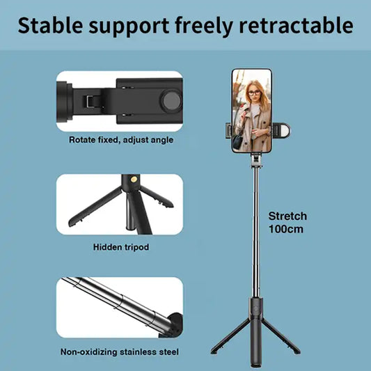 Portable Selfie Stick With Wireless Remote & Phone Stand for Group Selfie