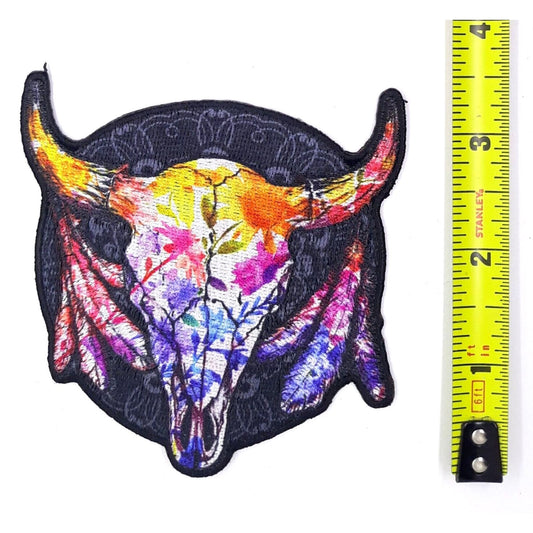 Wildflower Watercolor Cow Skull 3.5 x 3.5 Inch Embroidered Patch - Boho Style (Sold By The Piece)