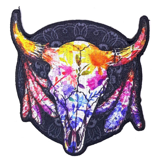 Wildflower Watercolor Cow Skull 3.5 x 3.5 Inch Embroidered Patch - Boho Style (Sold By The Piece)