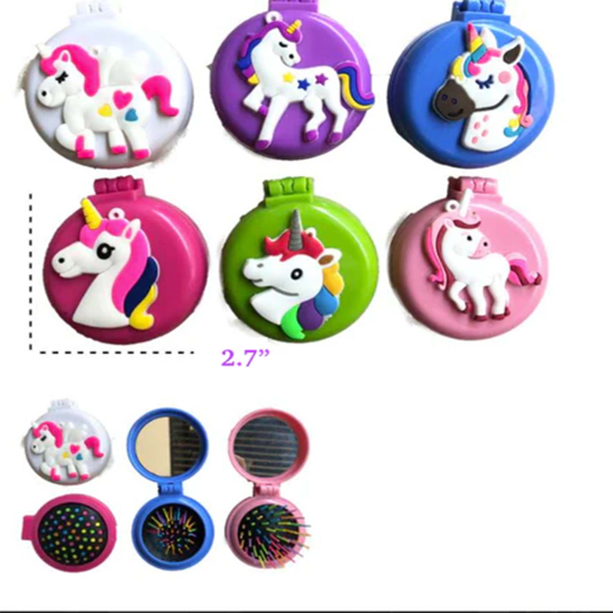 Wholesale  Compact Rainbow Unicorn Hair Brush with Mirror (sold by the piece or dozen)