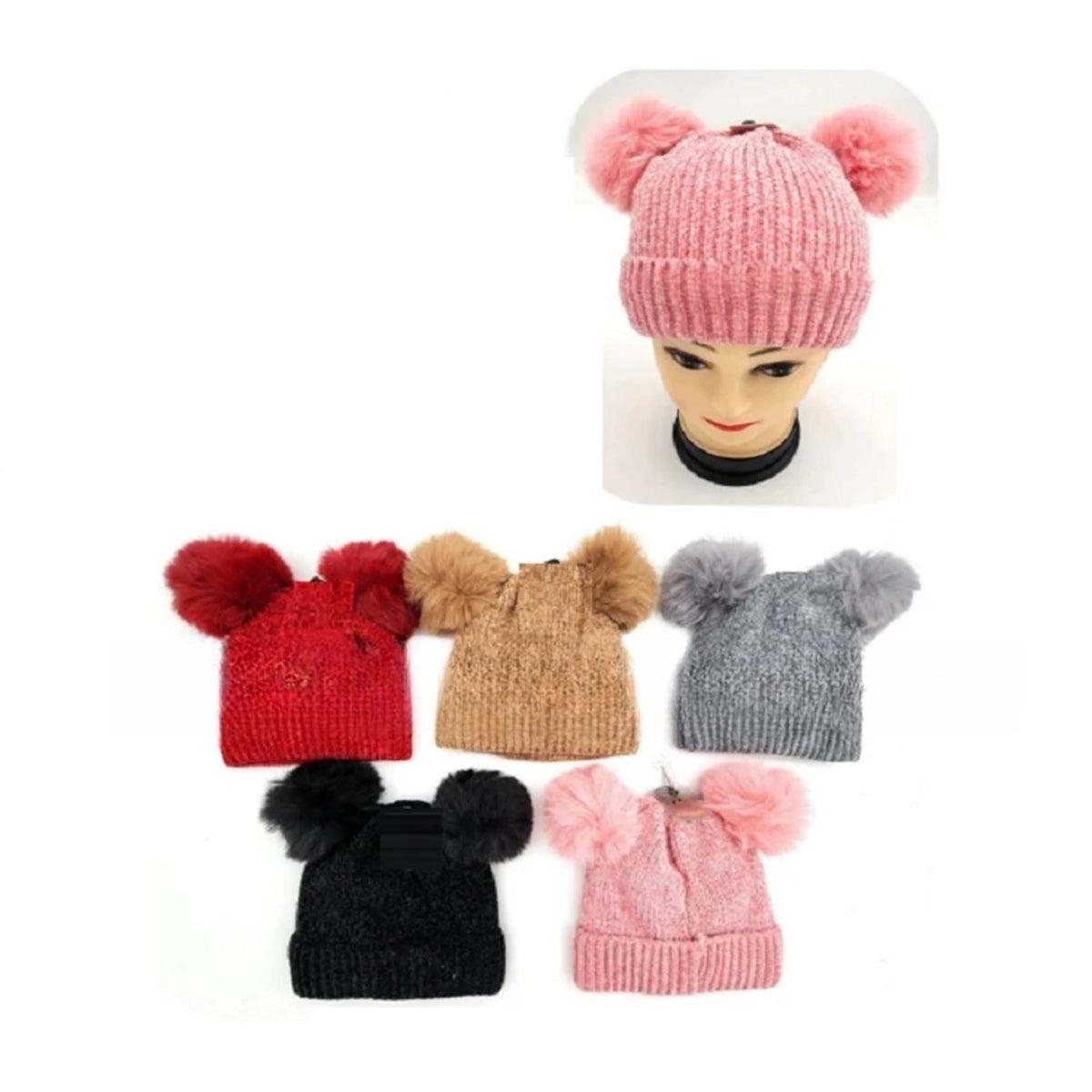 Bulk Double Pom Beanie Hats For Girls - Assorted