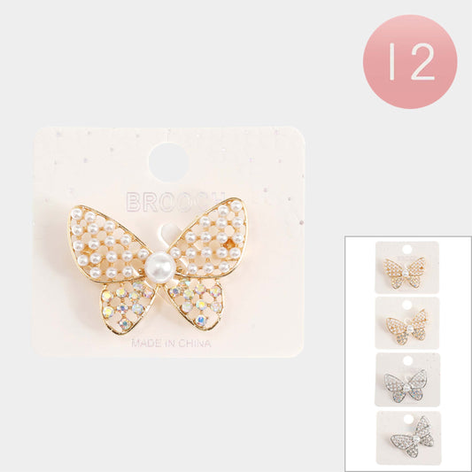 "Wholesale Pearl Rhinestone Butterfly Brooches - Dozen Packs Available"