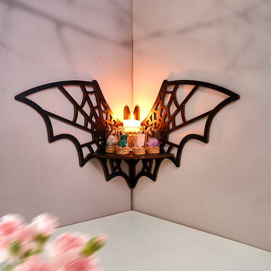 0207ba 1PC Unique Bat-Shaped Wooden Wall Decoration - Modern Minimalist Display Shelf with Spider Web Design - Easy Wall Hanging Installation, No Nails Required, Suitable for Various Room Types