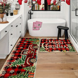 2-Piece Christmas Kitchen Rug Set - Vibrant Red Truck and Buffalo Plaid Non-Slip Washable Polyester Holiday Mats for Home and Bathroom Interior Decor with Easy Cleaning and Durable Construction (40x60cm & 40x120cm)