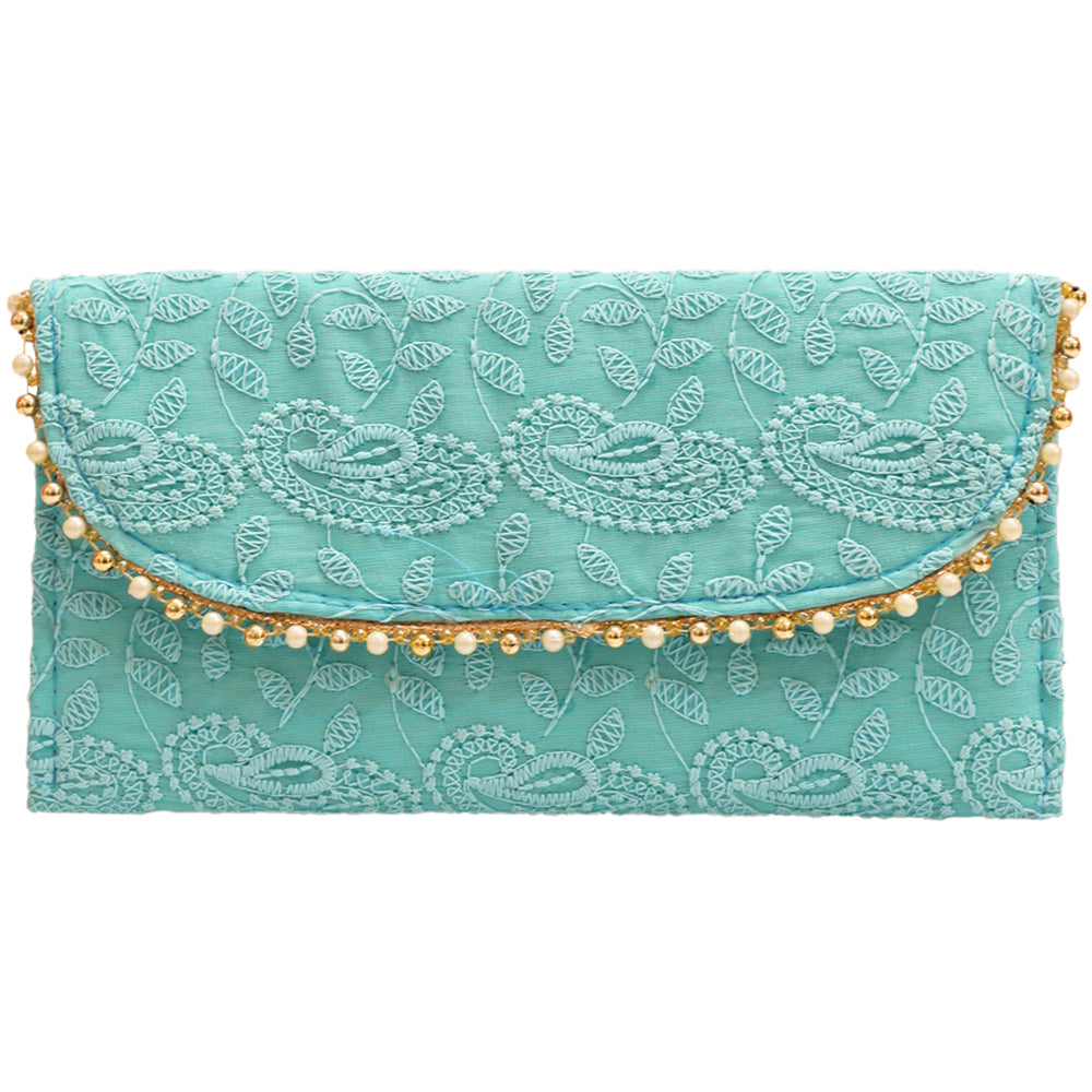 Beautiful Sea Blue Purse With Amazing Chikankari And Beaded Work for Ladies