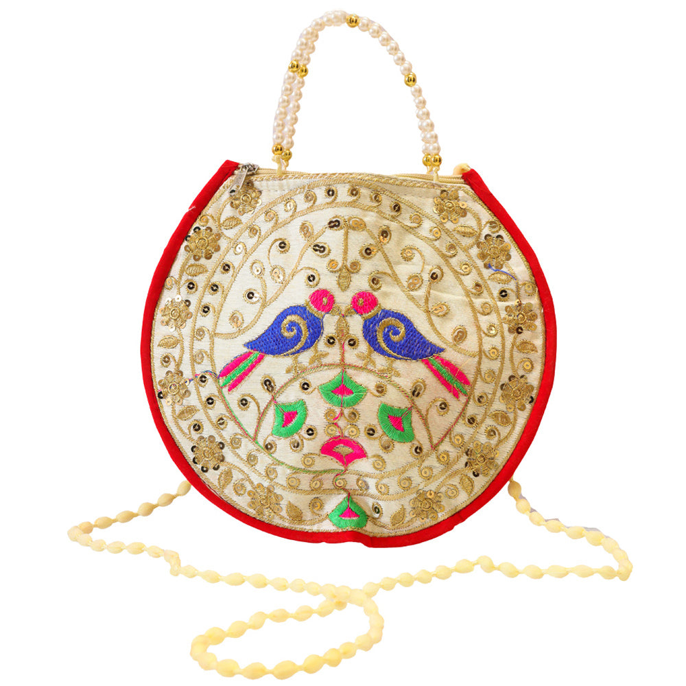 New Traditional Round Shaped Purse With Beautiful Beaded Strap And Red Lining