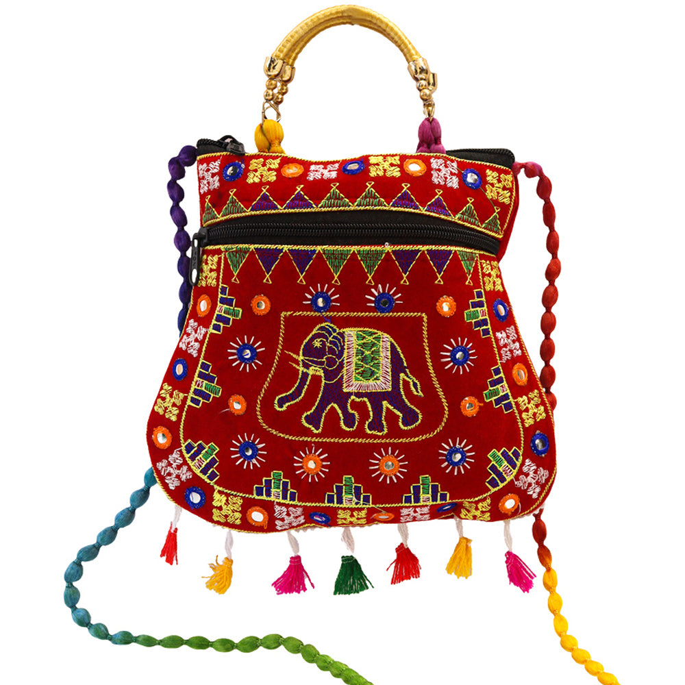 Wholesale New Traditional Multicolor Purse  With Tassels & Beaded Handle For Ladies