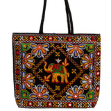 Elephant Embroidery Black Tote Bag With Multicolor Elaborate Floral Detailing