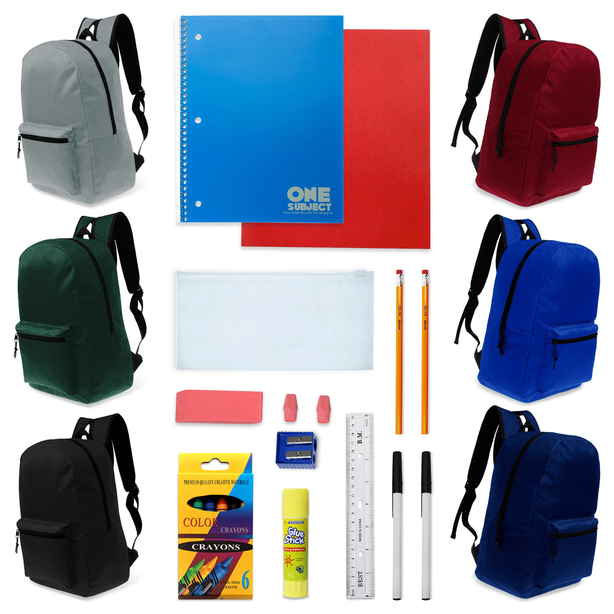 Buy 18 Piece Wholesale Basic School Supply Kit With 17" Backpack - Bulk Case of 12 Backpacks and Kits