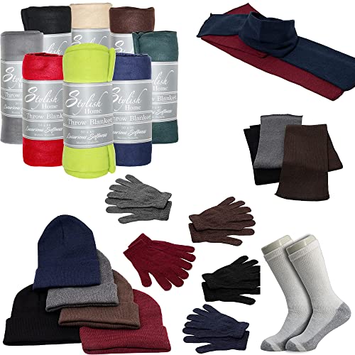 Buy Homeless Care Package Supplies - Bulk Case of 12 Winter Throw Blankets, 12 Winter Sets, and 12 Pairs of Socks