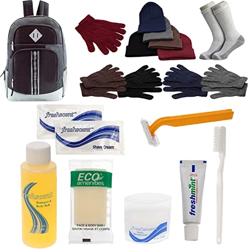 Buy Bulk Case of 12 Backpacks and 12 Winter Item Sets and 12 Toiletry Kits and 12 Socks - Wholesale Care Package - Emergencies, Homeless, Charity