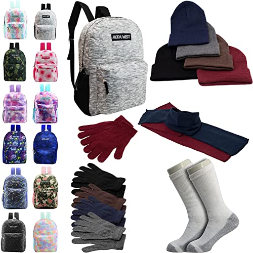 Buy Bulk Case of 12 Backpacks and 12 Winter Item Sets and 12 Socks - Wholesale Care Package - Emergencies, Homeless, Charity