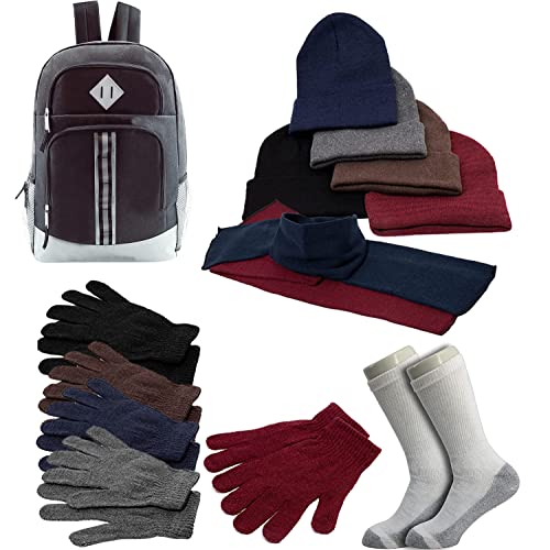 Buy Bulk Case of 12 Backpacks and 12 Winter Item Sets and 12 Socks - Wholesale Care Package - Emergencies, Homeless, Charity