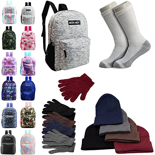 Buy Bulk Case of 12 Backpacks and 12 Winter Item Sets and 12 Socks - Wholesale Care Package - Emergencies, Homeless, Charity