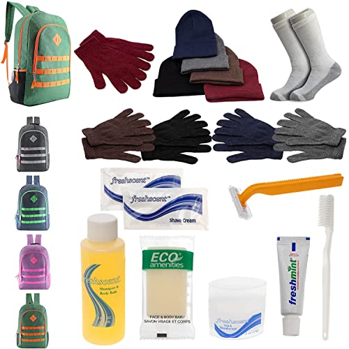 Buy Bulk Case of 12 Backpacks and 12 Winter Item Sets and 12 Toiletry Kits and 12 Socks - Wholesale Care Package - Emergencies, Homeless, Charity