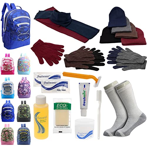 Buy Bulk Case of 12 Backpacks and 12 Winter Item Sets and 12 Toiletry Kits and 12 Socks - Wholesale Care Package - Emergencies, Homeless, Charity