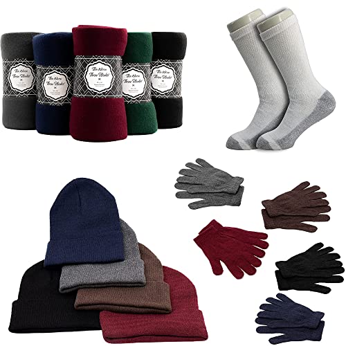 Buy Homeless Care Package Supplies - Bulk Case of 12 Winter Throw Blankets, 12 Winter Sets, and 12 Pairs of Socks