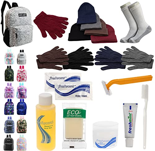 Buy Bulk Case of 12 Backpacks and 12 Winter Item Sets and 12 Toiletry Kits and 12 Socks - Wholesale Care Package - Emergencies, Homeless, Charity