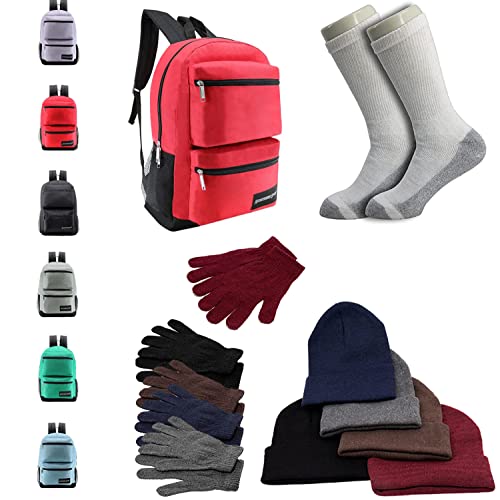 Buy Bulk Case of 12 Backpacks and 12 Winter Item Sets and 12 Socks - Wholesale Care Package - Emergencies, Homeless, Charity