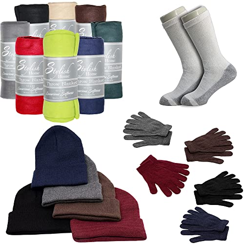 Buy Homeless Care Package Supplies - Bulk Case of 12 Winter Throw Blankets, 12 Winter Sets, and 12 Pairs of Socks