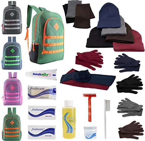 Buy Bulk Case of 12 Backpacks and 12 Winter Item Sets and 12 Hygiene Kits - Wholesale Care Package - Emergencies, Homeless, Charity