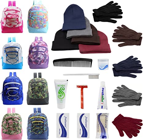 Buy Bulk Case of 12 Backpacks and 12 Winter Item Sets and 12 Hygiene Kits - Wholesale Care Package - Emergencies, Homeless, Charity