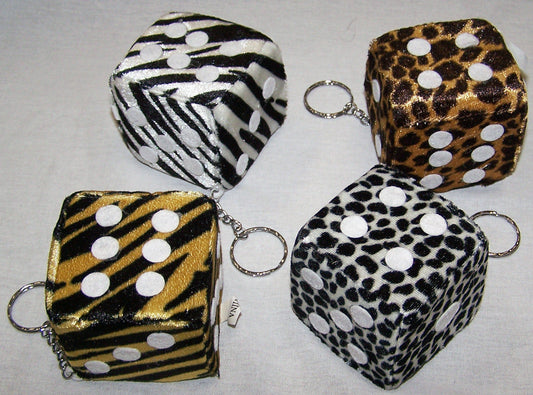 Wholesale PLUSH ANIMAL PRINT DICE KEY CHAIN (Sold by the dozen) *- CLOSEOUT NOW 50 CENTS EA