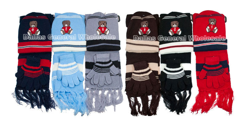 Little Boys 3 Pieces Bear Beanie Hat & Gloves & Scarf Set Wholesale