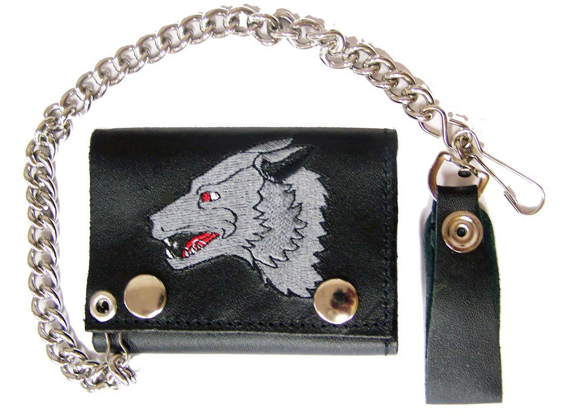 Wholesale EMBROIDERED LONE WOLF TRIFOLD LEATHER WALLET WITH CHAIN (Sold by the piece)