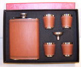 Wholesale BROWN LEATHER FLASK SET WITH 4 SHOT GLASSES  (Sold by the piece)